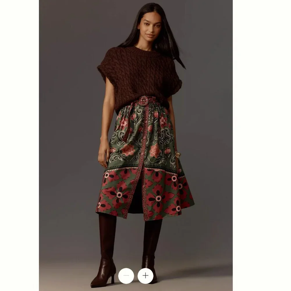 FARM Rio Arabesque Floral Green Buttons Midi Skirt, NWT π§π· - Picture 9 of 16